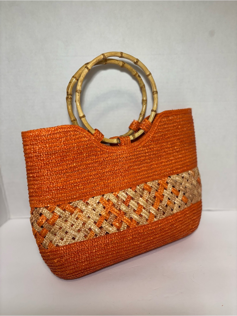 Orange Straw Tote Bamboo Handles Lined Basketweave Handbag Cottagecore Summer